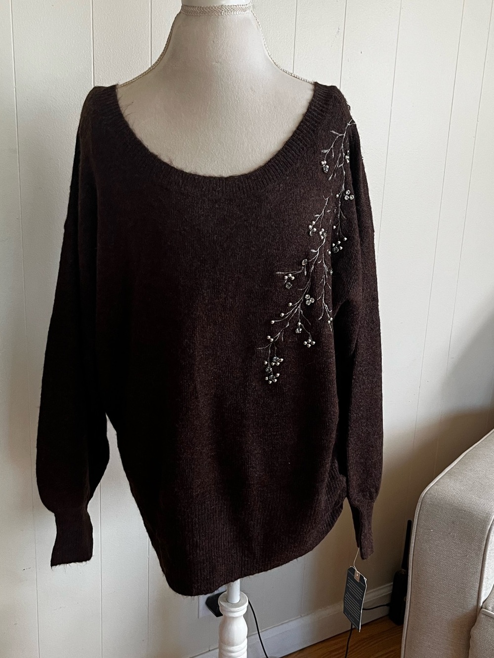 Democracy brown embroidered and rhinestone Embellished Scoop Neck Sweater